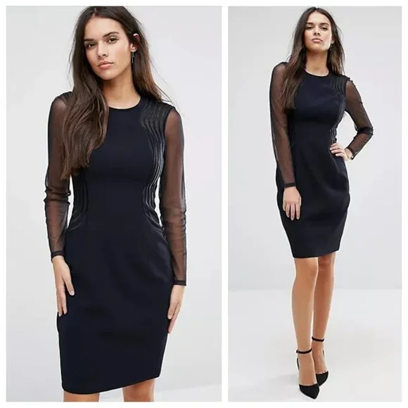 Reiss | Dresses | Reiss Black Embroidered Swirl Mesh Long Sleeve Bodycon  Dress | Poshmark